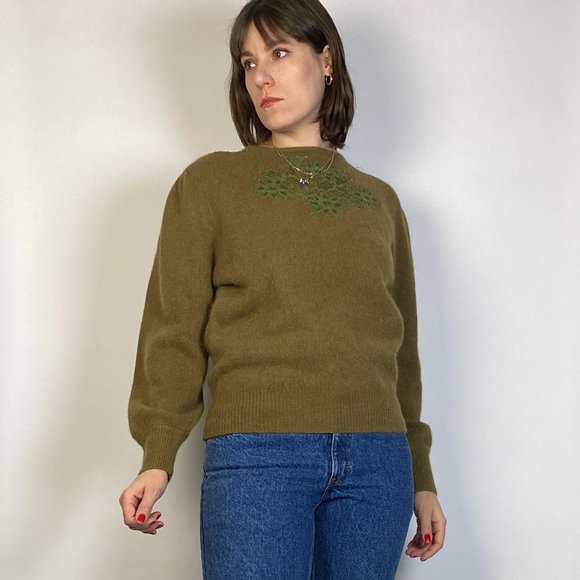 Vintage 80s Olive Green Wool & ANGORA! Medium - Picture 5 of 7